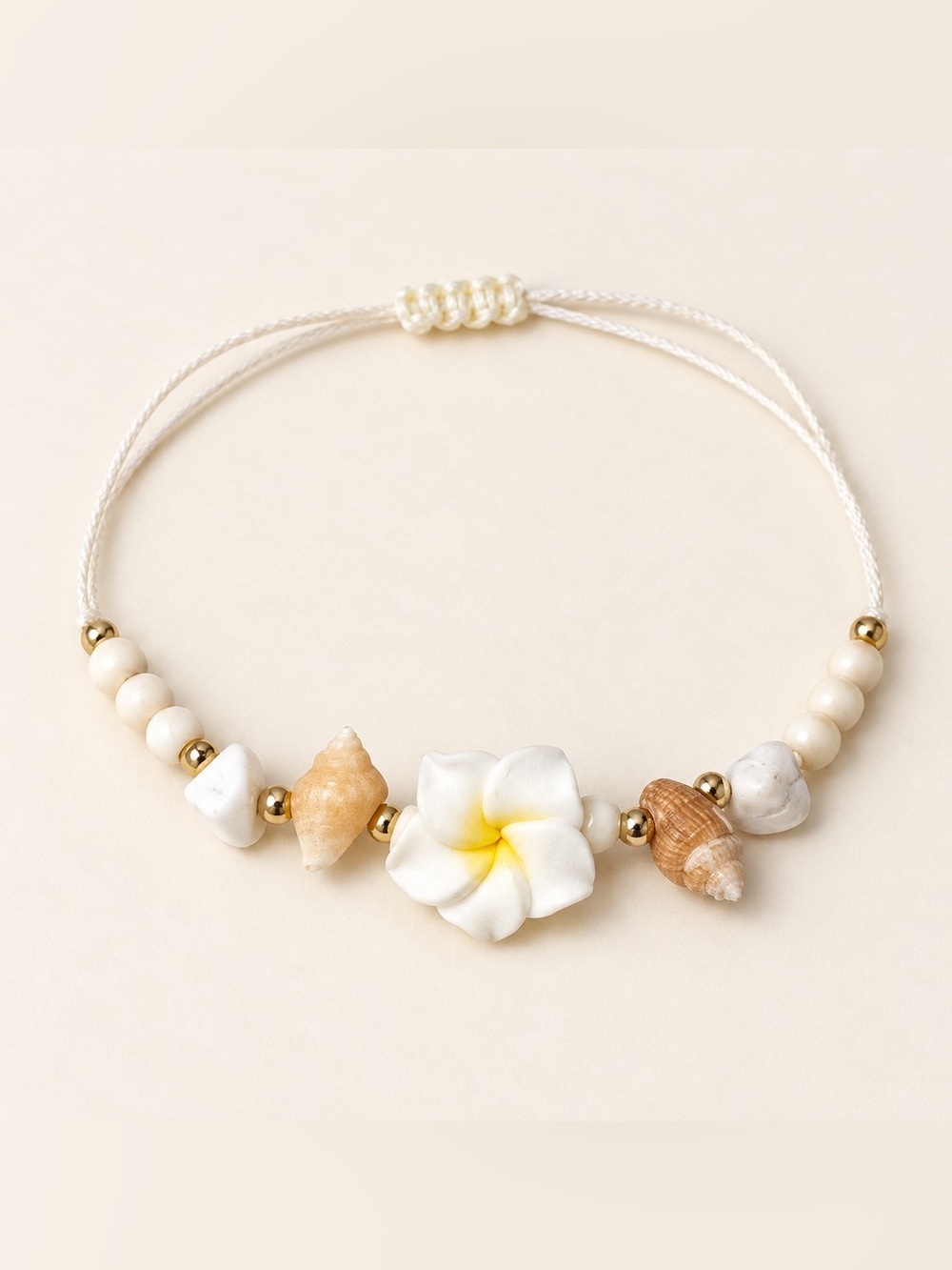 Handmade White Plumeria and Shell Bead Bracelet - Women Jewelry